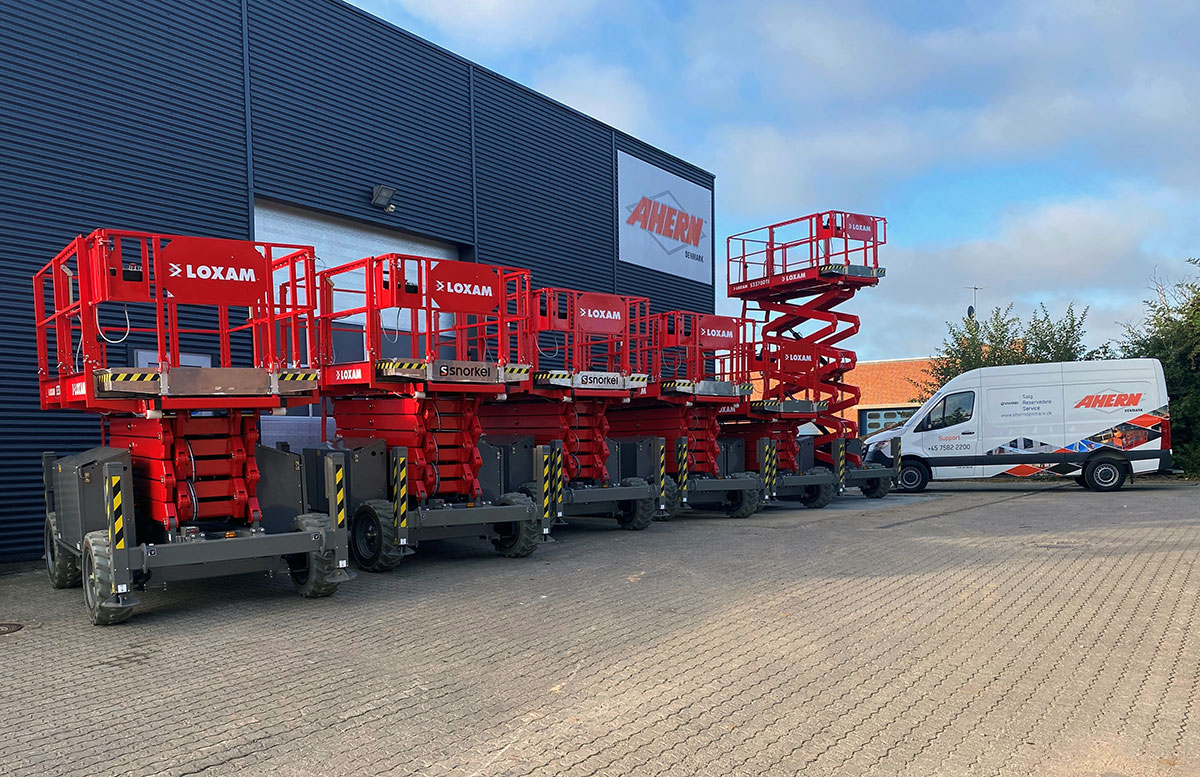 Loxam Denmark branded lithium compact branded scissor lifts ready for delivery from Ahern Denmark