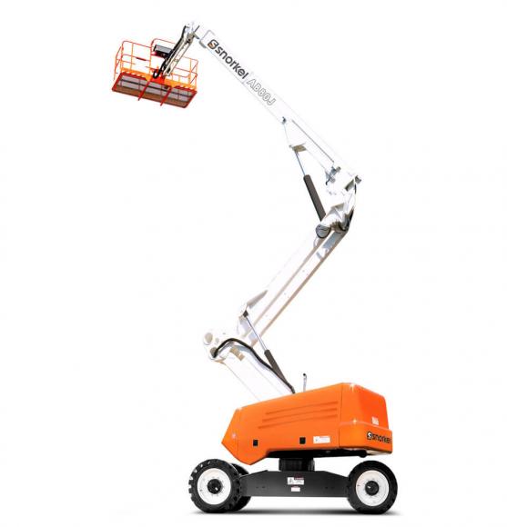 Extended white, grey and orange articulated boom lift on white background