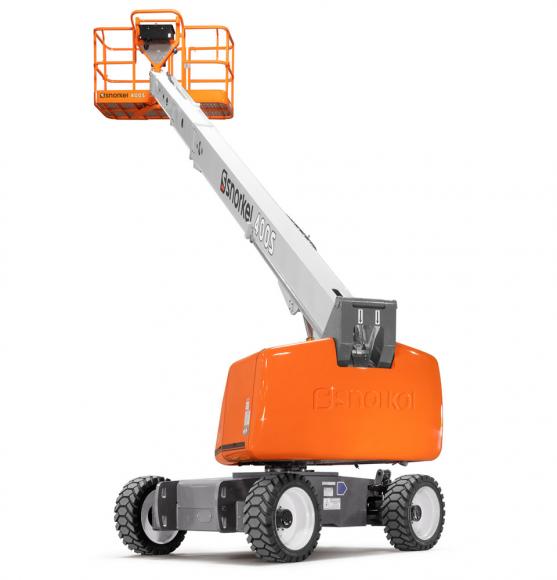 White, B3:F108 and orange telescopic boom lift in elevated position on white background